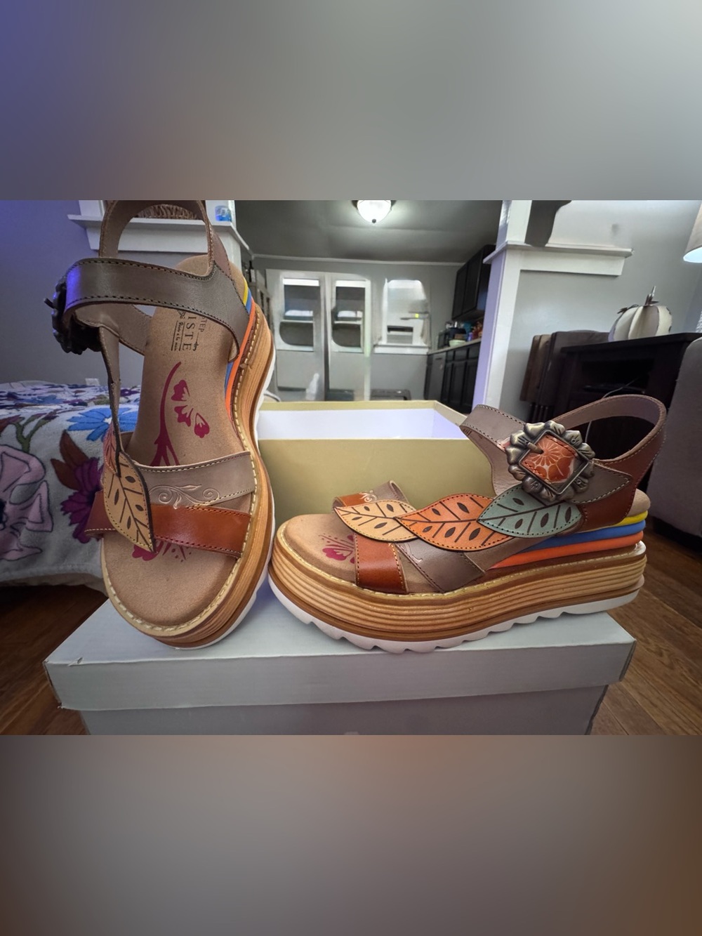 L'ATISTE Brown Platform Wedge Sandals with Orange, Green and Blue Leaf Accents